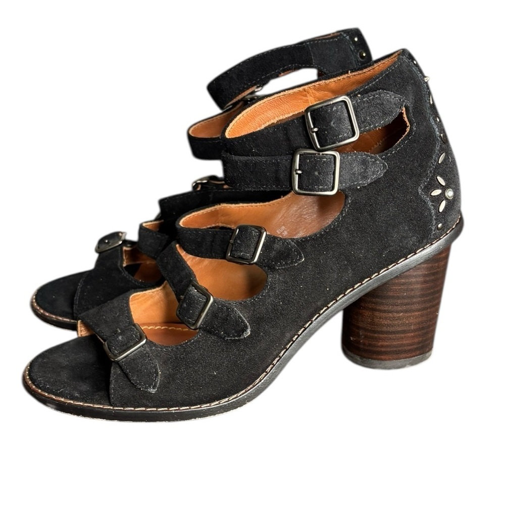 Coach Leather Women's Buckle Bootie Prairie Rivets Open Toe Black Suede Size 7.5 - Picture 2 of 11